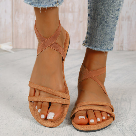 Damen Flache Sandalen mit gekreuzten Elastikriemen und weichem Mikrofaser-Fußbett EB