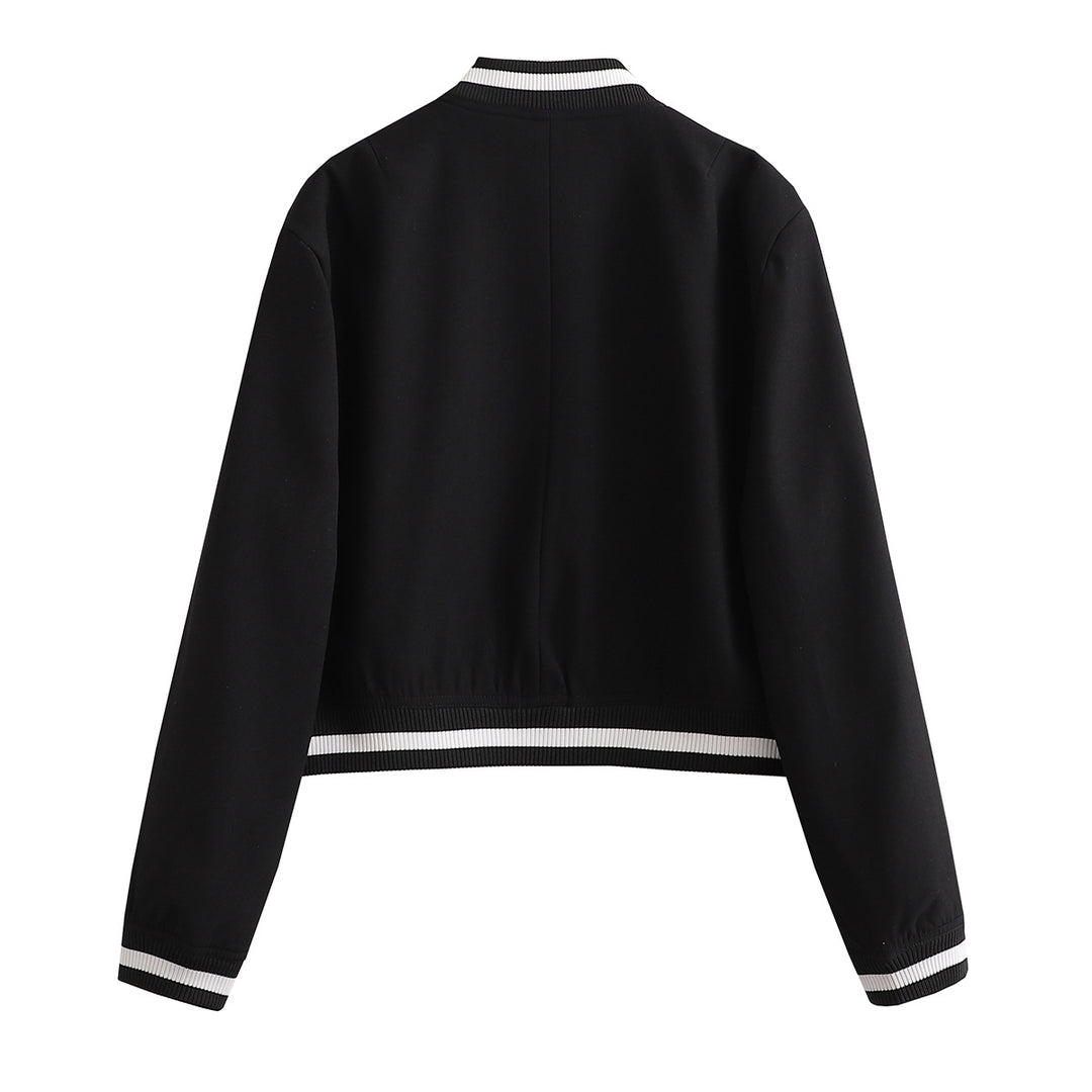 Damen Kurz geschnittene Collegejacke mit Rippbündchen und Druckknöpfen EB
