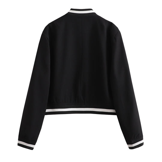 Damen Kurz geschnittene Collegejacke mit Rippbündchen und Druckknöpfen EB