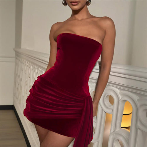 Damen elegantes Minikleid mit asymmetrischen Rüschendetails und schulterfreiem Design EB