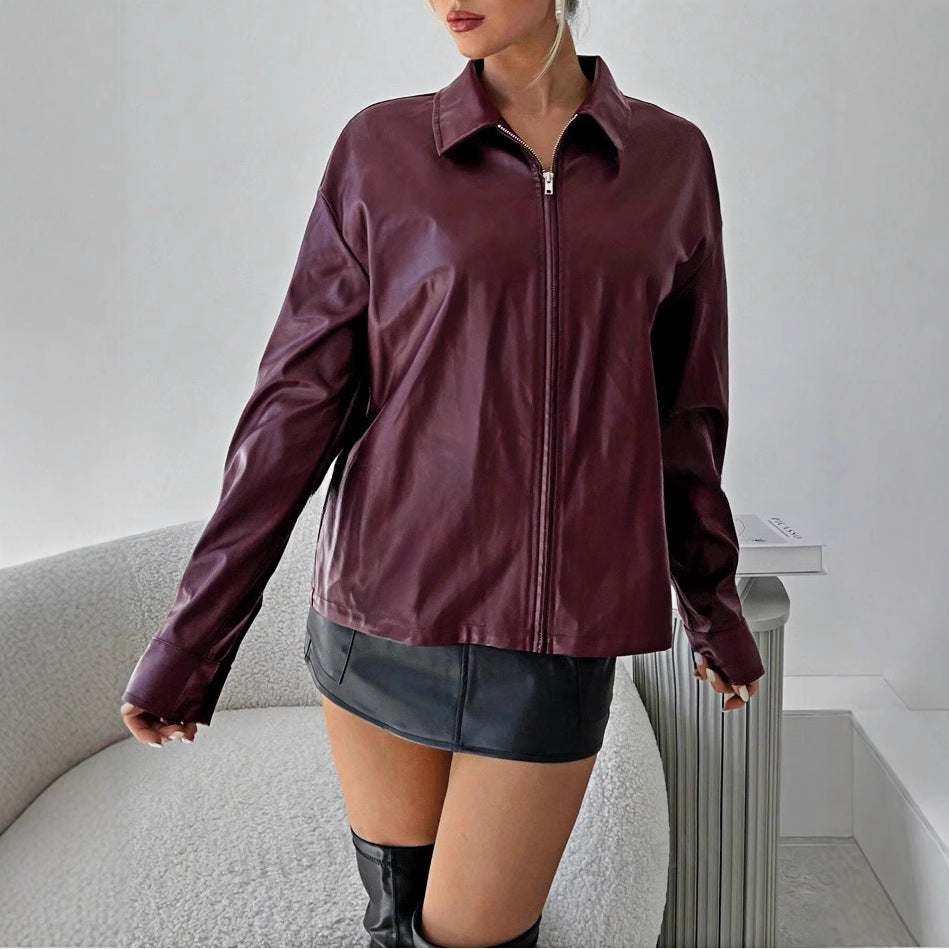 Damen leichtgewichtige Kunstlederjacke mit modernem Reißverschluss EB
