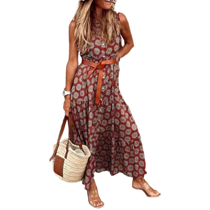 Damen Bohemian Maxi Kleid mit verstellbarem Gürtel EB