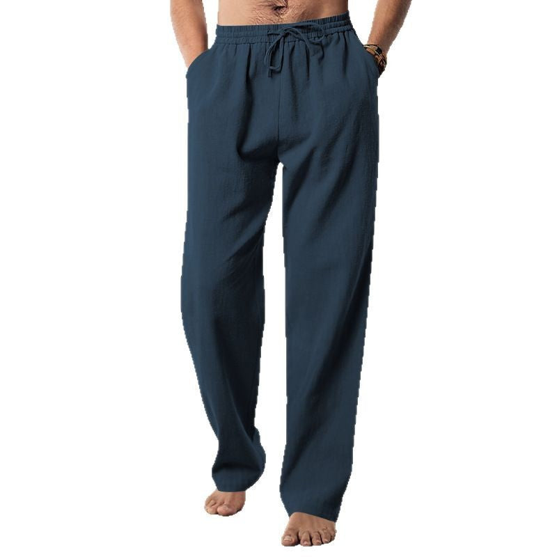 Herren nan weiche Leinen-Baumwoll Loungehose mit elastischem Tunnelzugbund, Seitentaschen und entspanntem geradem Bein EB