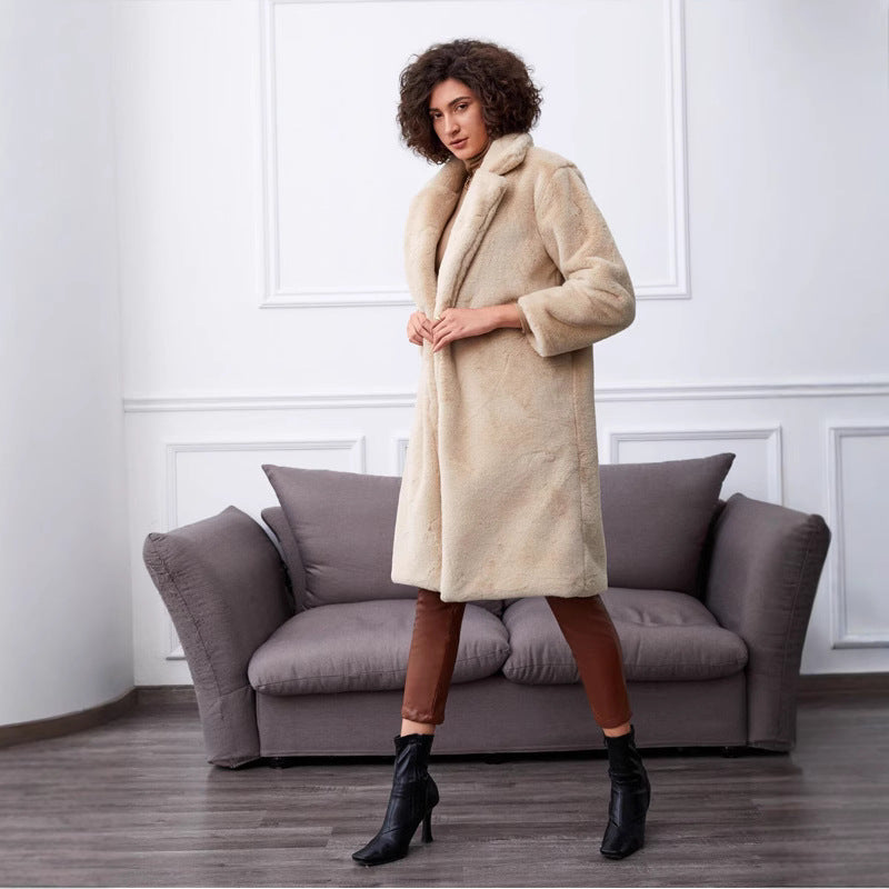 Damen Langer Kunstpelzmantel mit elegantem Reverskragen und praktischen Taschen EB