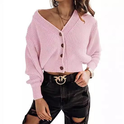 Damen lässiger Strickpullover mit tiefem V-Ausschnitt und Knopfdetails EB