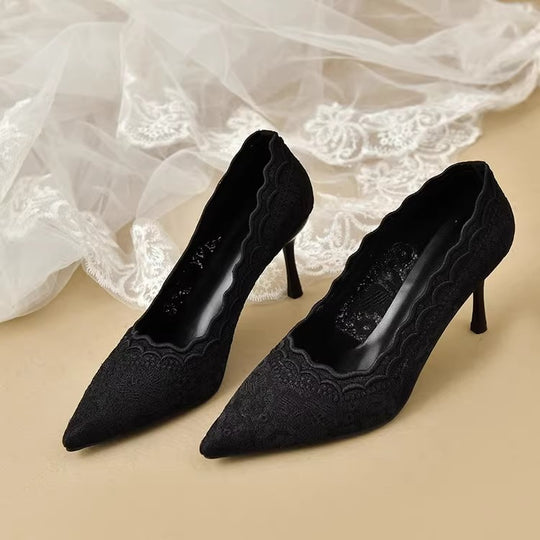 Damen eleganter spitzer High Heel Schuhe mit zartem Spitzen-Design EB