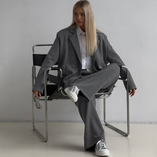 Damen elegantes lässiges Zweiteiliges Set mit oversized Blazer und weit geschnittenen Hosen EB
