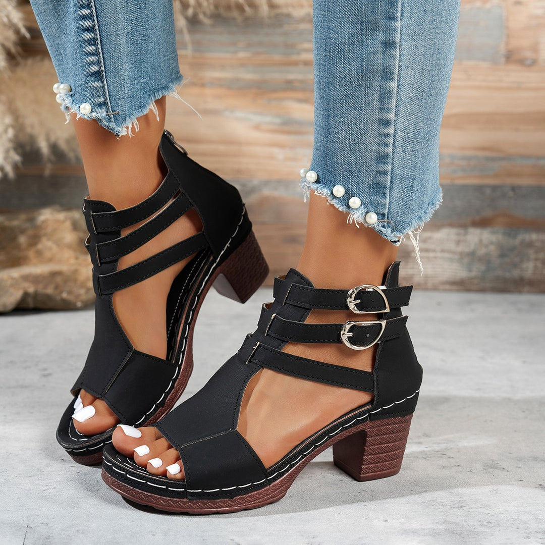 Damen Offene Riemensandalen mit Blockabsatz und Doppel-Schnallen EB
