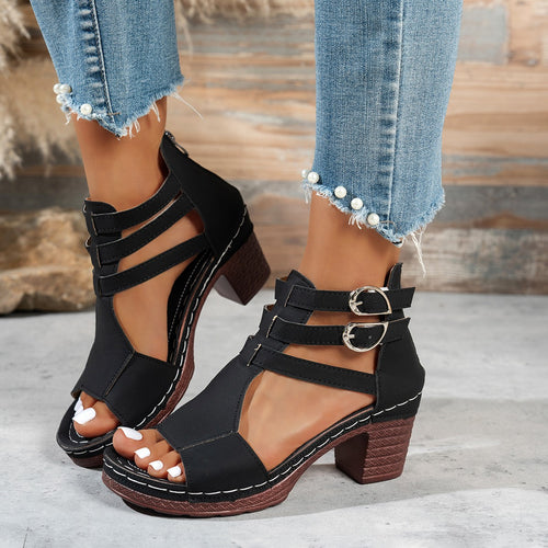 Damen Offene Riemensandalen mit Blockabsatz und Doppel-Schnallen EB