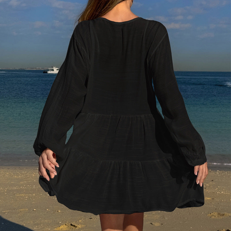 Damen luftiges Strandkleid mit Spitzenbesatz und Wasserfall-Saum EB