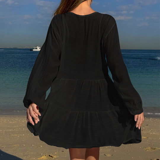 Damen luftiges Strandkleid mit Spitzenbesatz und Wasserfall-Saum EB