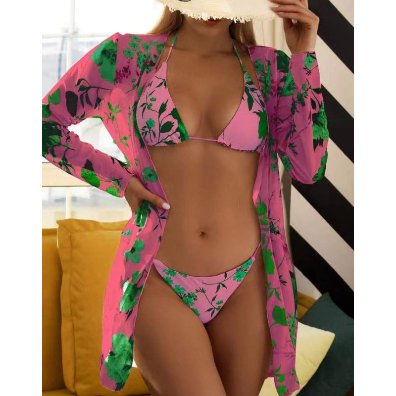 Damen Badeanzug mit transparenter Strandumhüllung und botanischem Druck EB