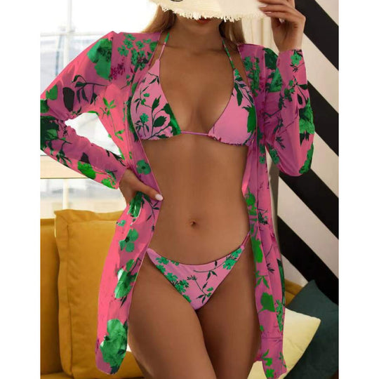 Damen Badeanzug mit transparenter Strandumhüllung und botanischem Druck EB