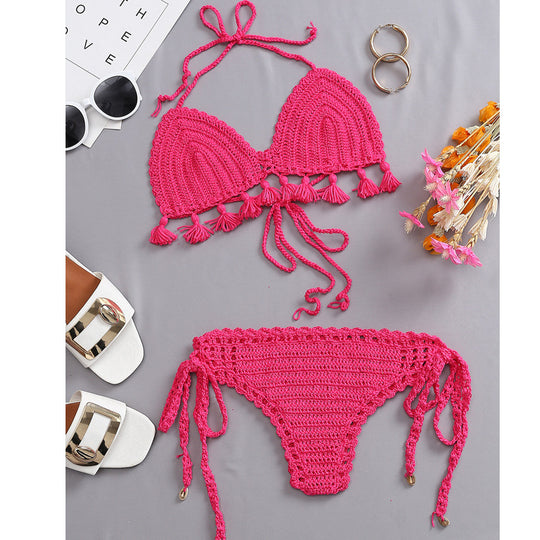Damen Häkel-Bikini-Set mit fransigen Akzenten und verstellbaren Trägern EB