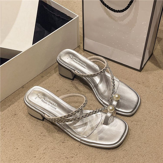 Damen elegante Riemensandalen mit glänzenden Perlenakzenten EB
