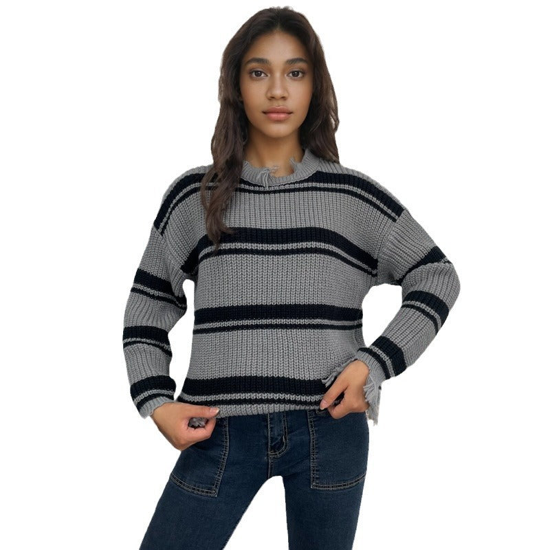 Damen lässiger Strickpullover mit Boho-Details und Fransen EB