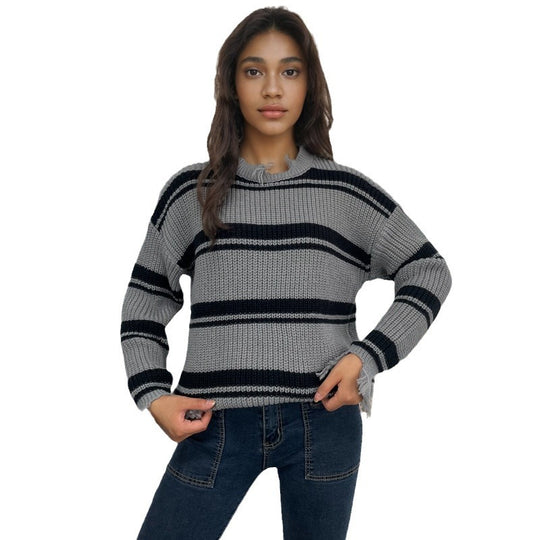 Damen lässiger Strickpullover mit Boho-Details und Fransen EB