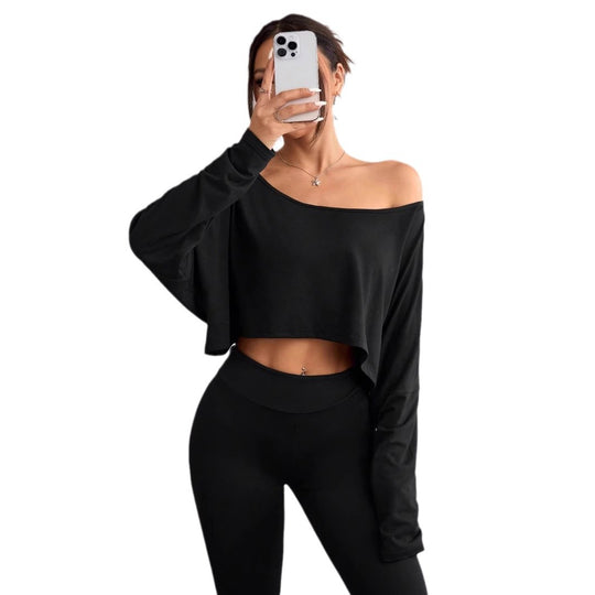 Damen lässiges Oversized Langarm-Shirt mit asymmetrischem Saum und U-Boot-Ausschnitt EB