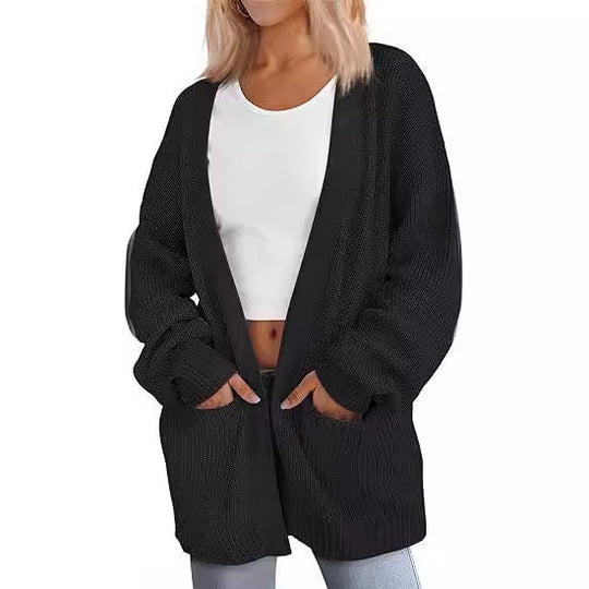 Damen Grobstrick Cardigan mit offenem Schnitt und praktischen Taschen EB