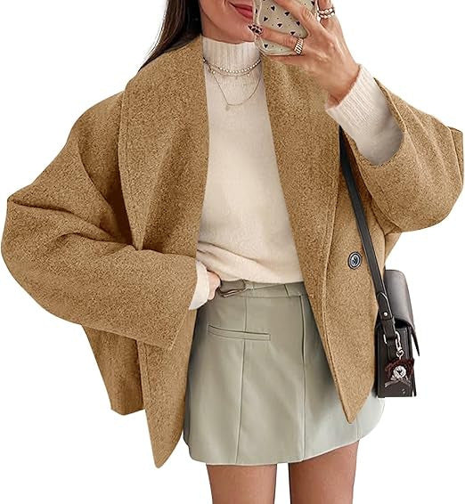 Damen nan oversized Teddyjacke mit großem Schalkragen und Ein-Knopf-Verschluss EB