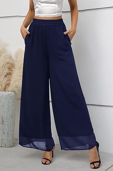 Damen Weit geschnittene Chiffon-Hose mit elastischem Taillenbund und hohen Seitentaschen EB