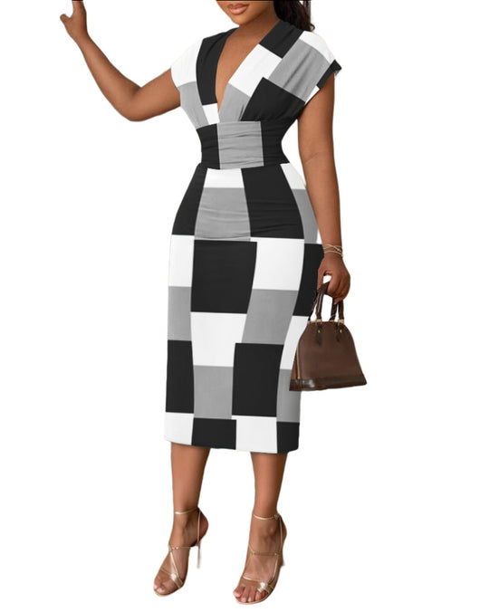 Damen Midi-Kleid mit modernem abstraktem Streifenmuster EB