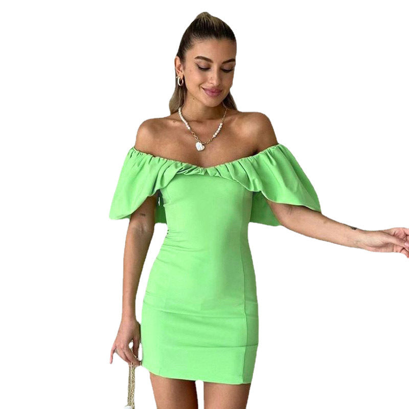 Damen Kurzarm Minikleid mit schulterfreiem Design und Rüschensaum EB