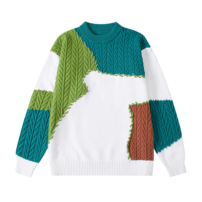 Herren nan strukturierter Patchwork-Strickpullover mit Zopfmuster und Rundhals EB