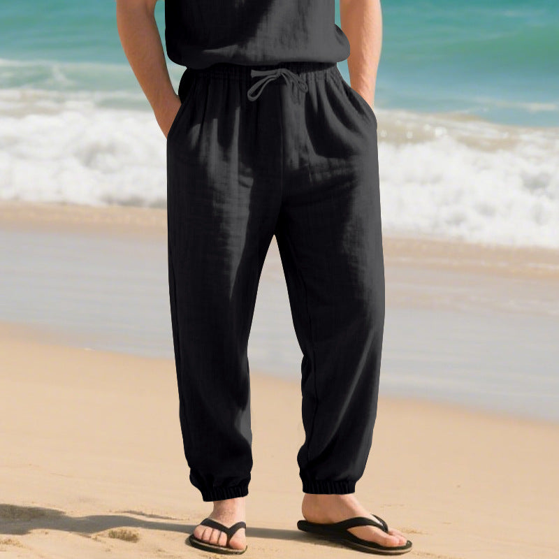 Herren nan leichte Leinenhose mit elastischem Tunnelzugbund, seitentaschen und gesmokten Bündchen EB
