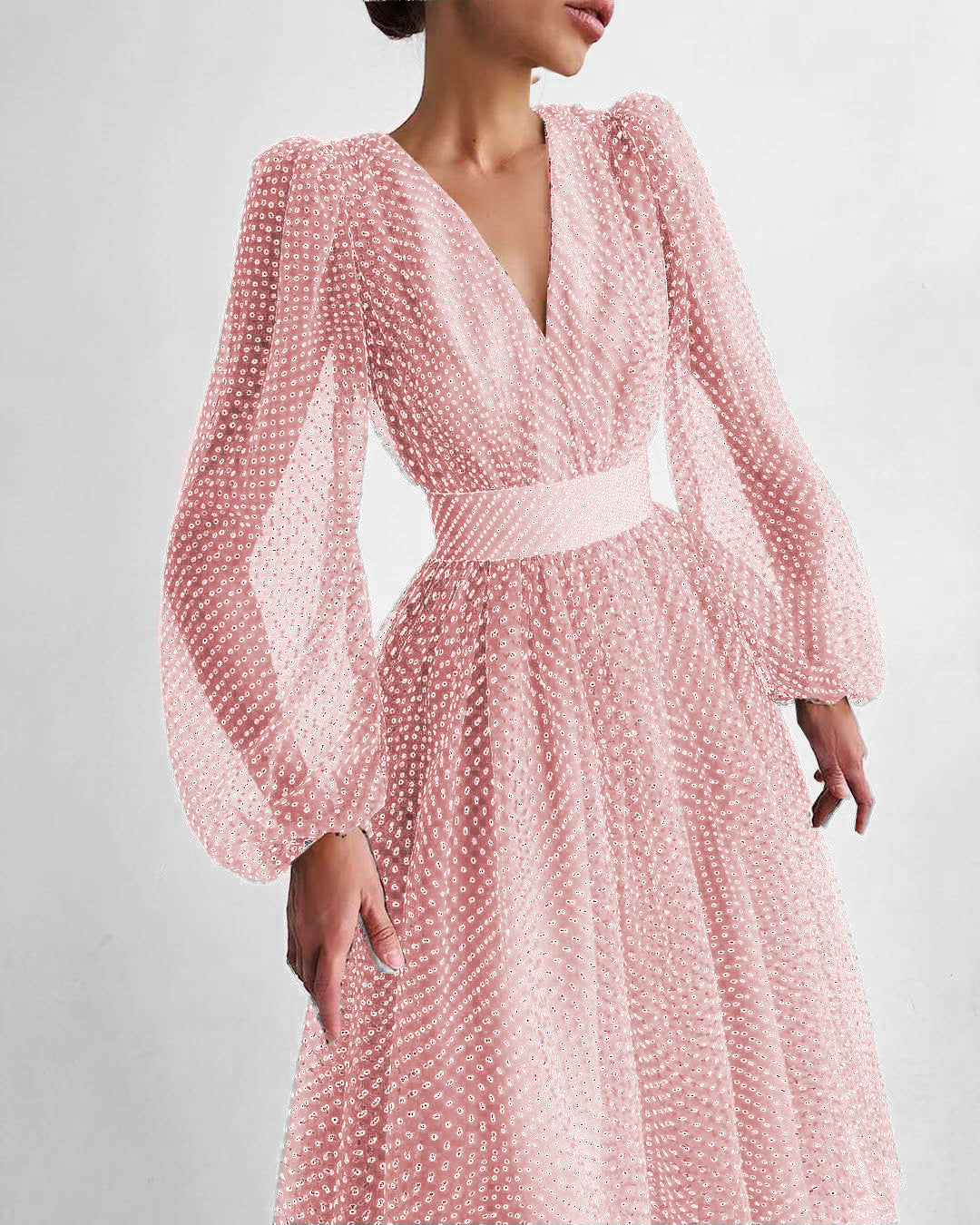 Damen Kleid mit transparentem Puffärmel und floralem Punkte-Design EB