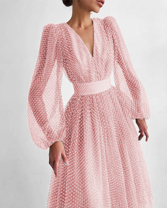 Damen Kleid mit transparentem Puffärmel und floralem Punkte-Design EB