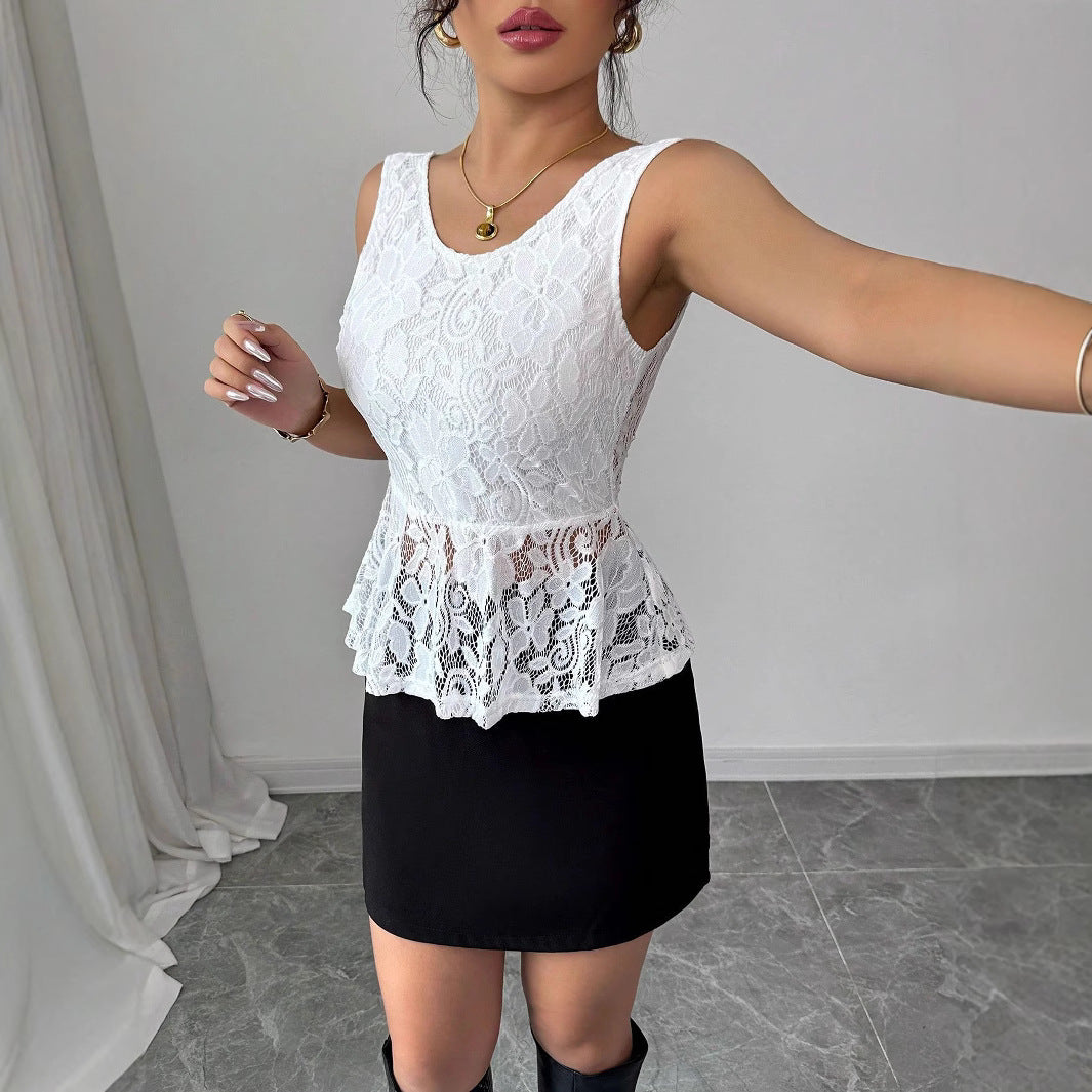 Damen nan tailliertes ärmelloses Spitzen-Peplum-Top mit gefütterter Brustpartie und transparentem Volant EB