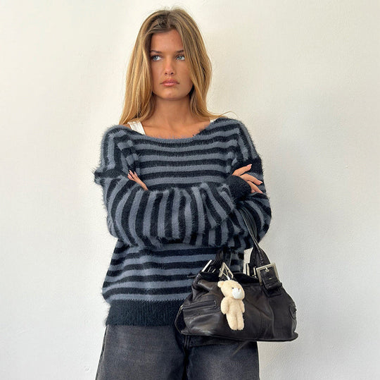 Damen modischer gestreifter Pullover mit lockerer Passform EB