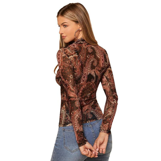 Damen Langarm-Body mit Paisley-Muster und transparentem Stoff EB