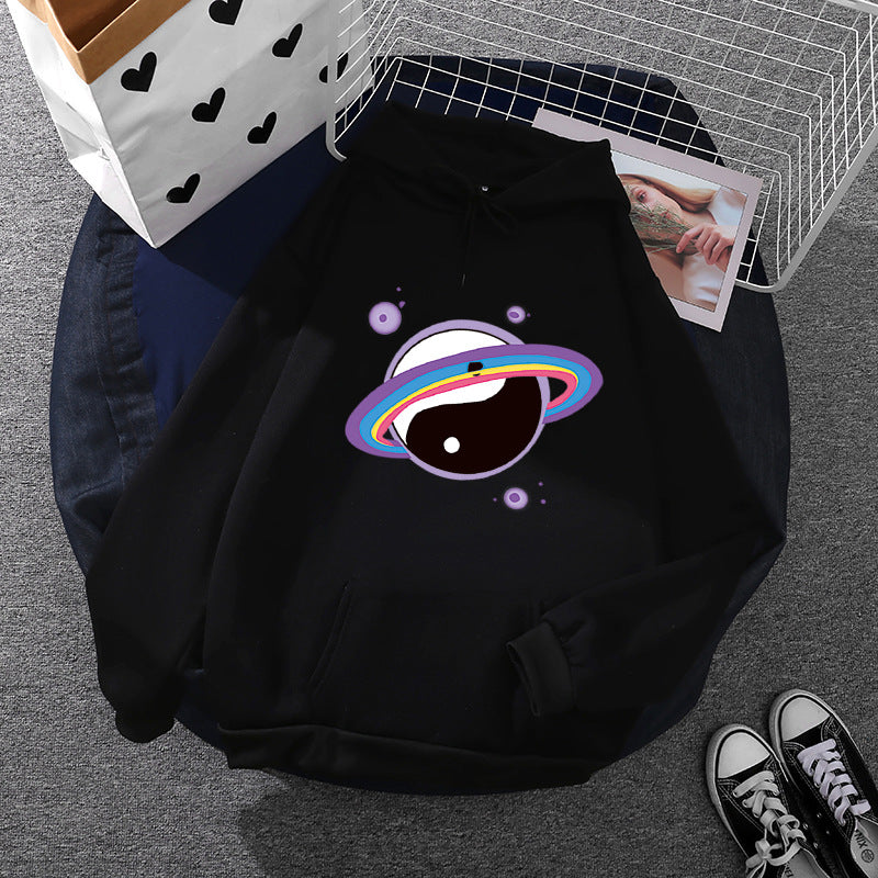Damen nan Oversized Kapuzenpullover aus Baumwollmischung mit Planeten-Yin‑Yang-Grafik und Kängurutasche EB