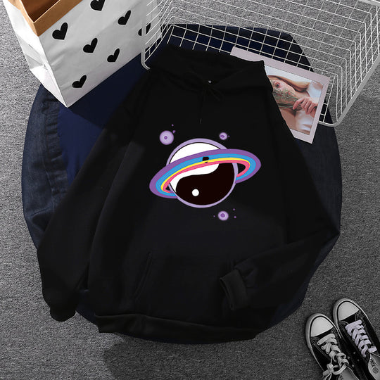 Damen nan Oversized Kapuzenpullover aus Baumwollmischung mit Planeten-Yin‑Yang-Grafik und Kängurutasche EB