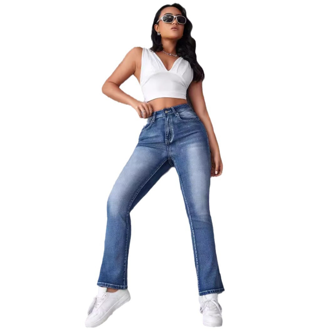 Damen High-Waist Stretch-Jeans mit geschnittenem Saum EB
