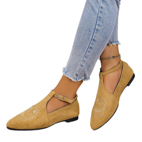 Damen Flache Slingback-Pantoletten mit eleganter Schnallen-Applikation und kunstvollen Stickereien EB