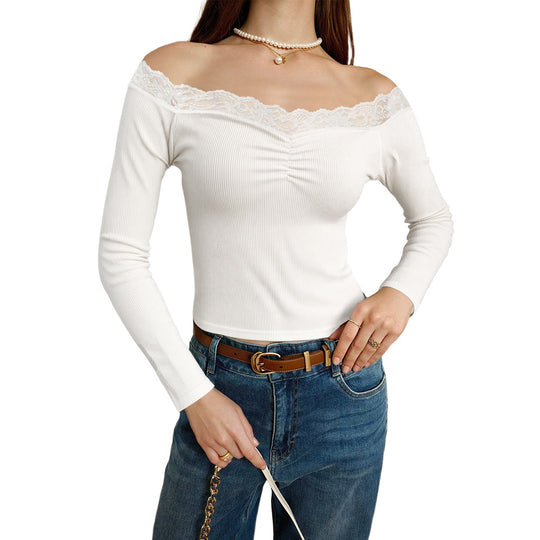 Damen geripptes Off-Shoulder Langarmshirt mit Spitzenbesatz, Raffung und taillierter Silhouette Eichborn Berlin