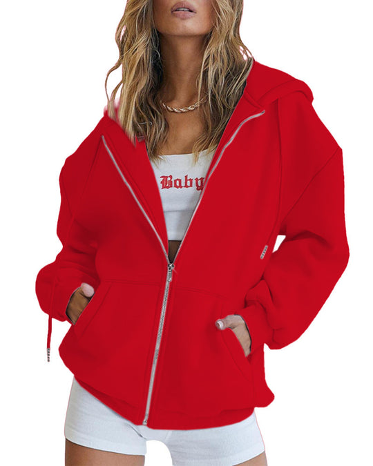 Damen nan lässige Zip-Hoodie-Jacke im Boxy-Cut mit überschnittener Schulter, verdecktem Tunnelzug und großen Kängurutaschen EB