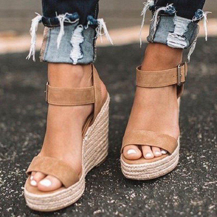Damen Espadrille-Keilabsatz Sandaletten mit geflochtenem Plateau und verstellbarem Schnallenriemen EB