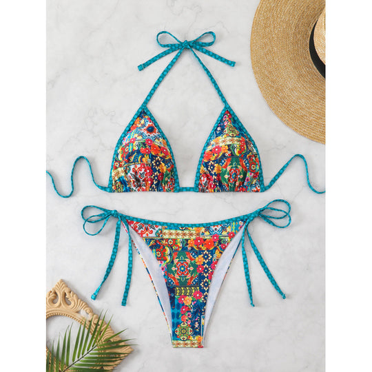 Damen Triangel-Bikini mit bunten Zierstichen und verstellbaren Bindebändern EB