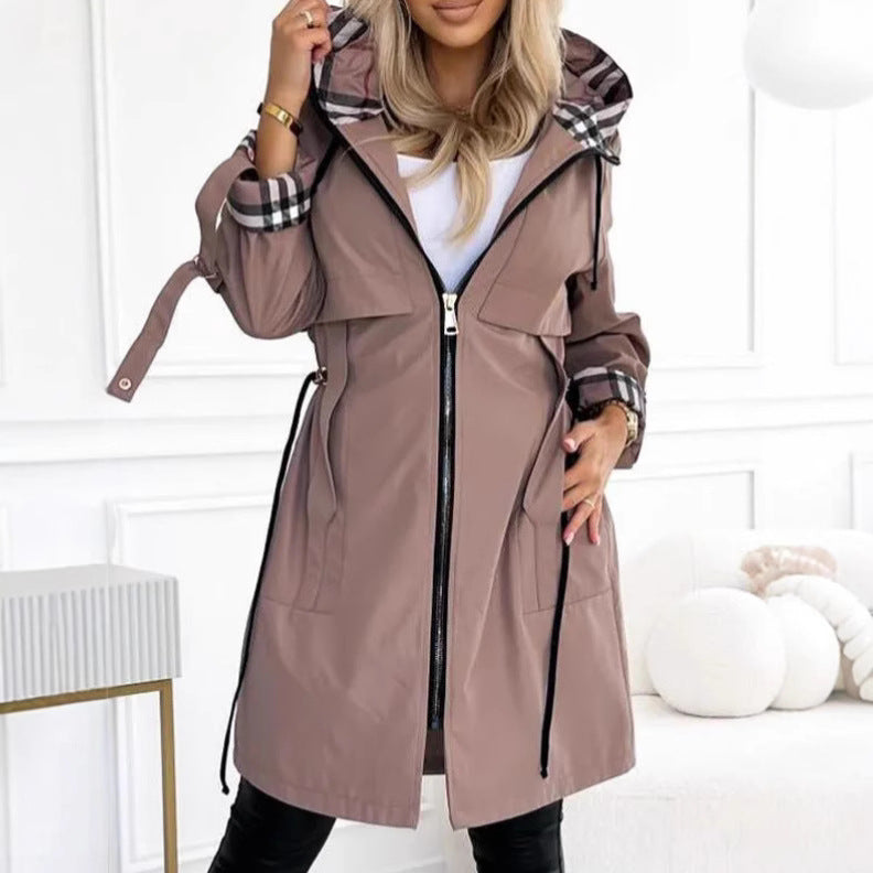 Damen nan taillierter Regenparka mit Kapuze kariert gefütterter Innenkragen und Tunnelzug EB