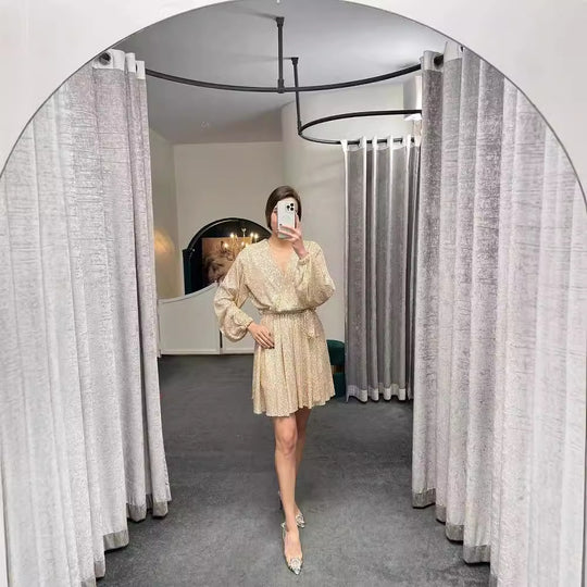 Damen funkelndes Cocktailkleid mit V-Ausschnitt und Taillengürtel EB