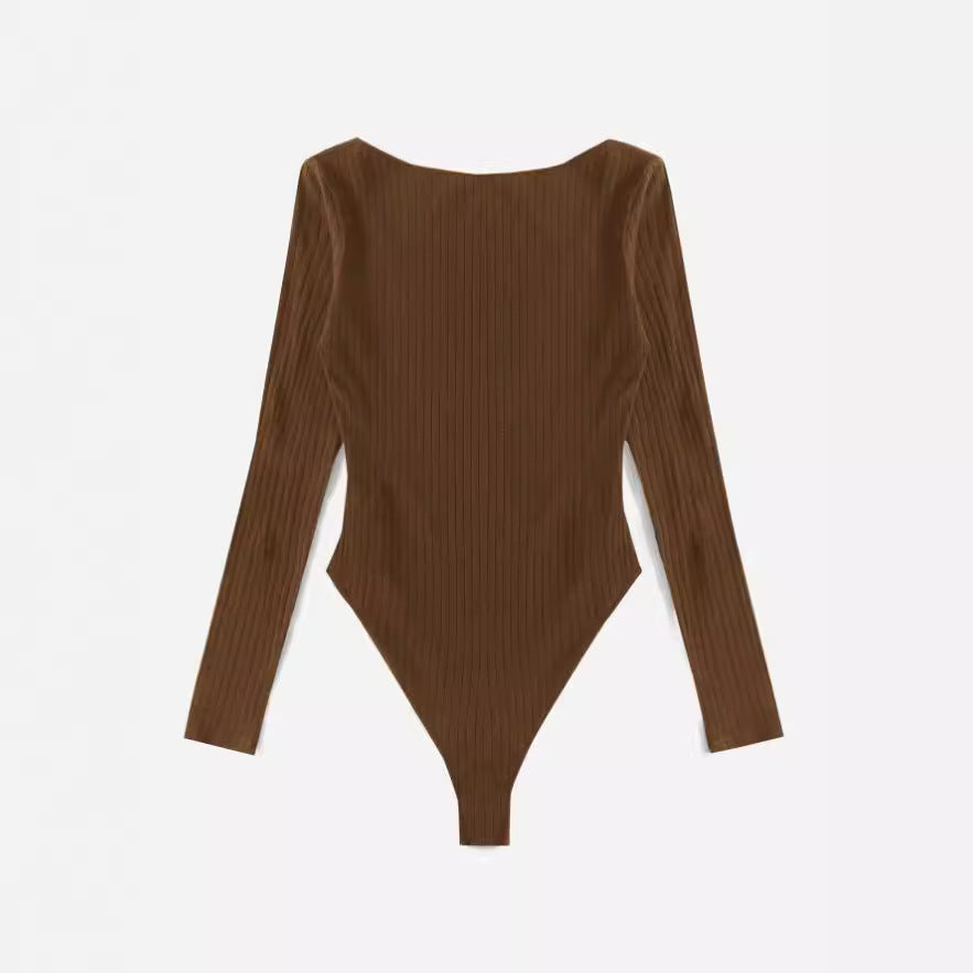 Damen Langarm Bodysuit mit Rippstruktur und tiefem U-Bootausschnitt EB
