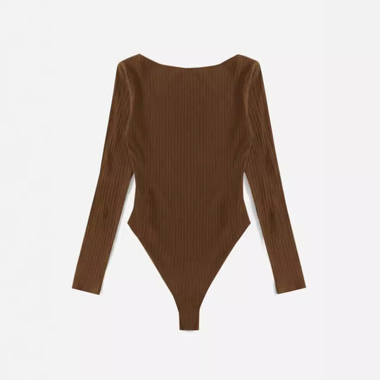 Damen Langarm Bodysuit mit Rippstruktur und tiefem U-Bootausschnitt EB