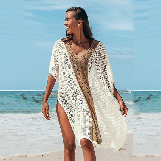 Damen Strandkleid mit romantischem Häkelmuster und voluminösen Ärmeln EB
