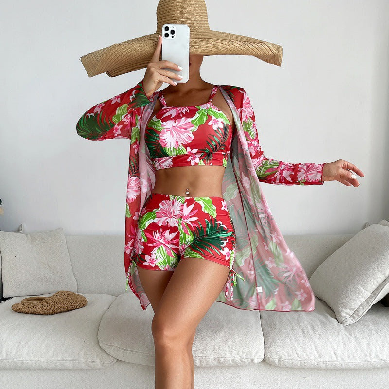 Damen Sport-Bikini-Set mit farbenfrohem Floralprint und lässiger Wickeljacke EB