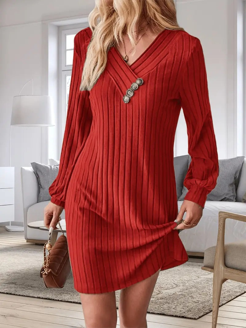 Damen Röhrenkleid mit elegantem V-Ausschnitt und dekorativen Knöpfen EB