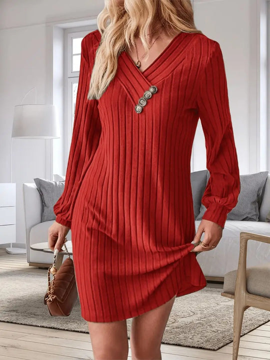Damen Röhrenkleid mit elegantem V-Ausschnitt und dekorativen Knöpfen EB
